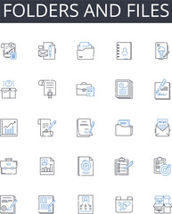 Folders and files line icons collection. Directories and documents, Containers and data, Archives and records, Binders and paperwork, Portfolios and sheets, Dossiers and files, Registers and folders