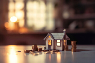 Fototapeta na wymiar Business Investment Concept with Model House, Coins Stack, and Table Closeup on Blurred Background