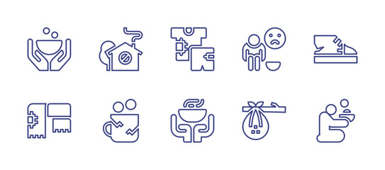 Poverty line icon set. Editable stroke. Vector illustration. Containing beggar, no house, clothes, poverty, sneakers, scarf, food donation, sack.