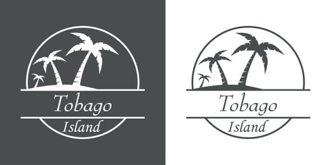 Destino de vacaciones. Logo aislado con texto manuscrito Tobago island con silueta de isla con la pama en círculo lineal