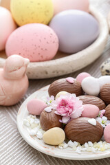 Chocolate Easter eggs decorated with flowers.