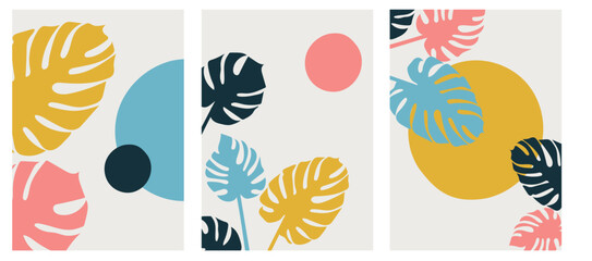 collection of modern simple abstract posters with colorful monstera leaves and circles on background