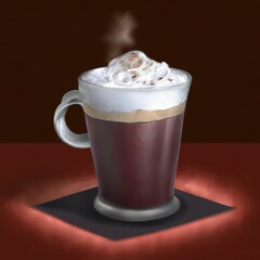 3D render of a glass of iced mocha with whip coffee isolated on a marron background