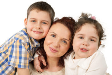 Mother with two children isolated on white background