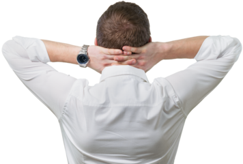 Back view of businessman standing with hands on head isolated on white