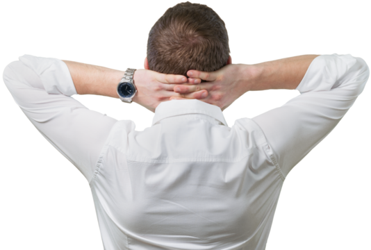 Back view of businessman standing with hands on head isolated on white