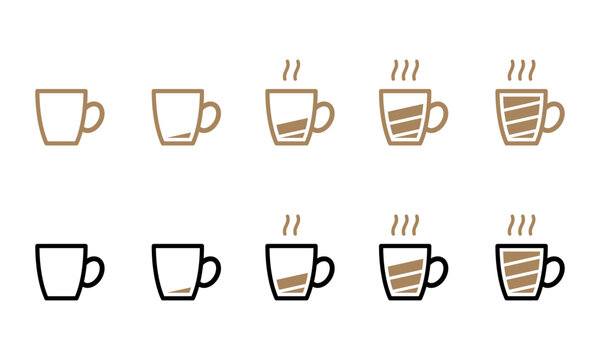Battery level indicator in black and brown line and colored outline coffee cup icon from empty to fully charged vector set