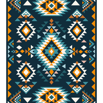 Aztec blue motif tribal ethnic design. Navajo decoration symbol, boho geometric template, rug. Ethnic ornament. 