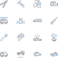 Car service line icons collection. Maintenance, Repairs, Oilchange, Tirerotation, Alignment, Brakepad, Battery vector and linear illustration. Alternator,Transmission,Suspension outline signs set