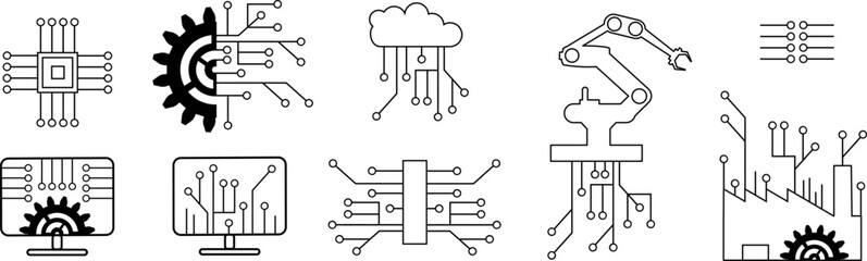 Symbole für Industrie 4.0 und Industrial AI - Digitale Daten und Elektronik - obrazy, fototapety, plakaty