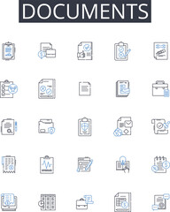 Documents line icons collection. Files, Papers, Records, Forms, Certificates, Archives, Agreements vector and linear illustration. Contracts,Depositions,Evidences outline signs set