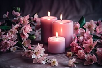 Obraz na płótnie Canvas candles and pink flowers, ai generative