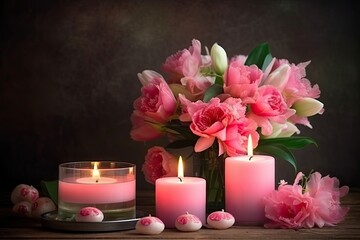 candles and pink  flowers, ai generative