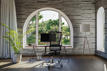 workplace with pc workstation in front of large arched windows; landscape view; bright sunlight;  remote work freelance concept; 3D Illustration