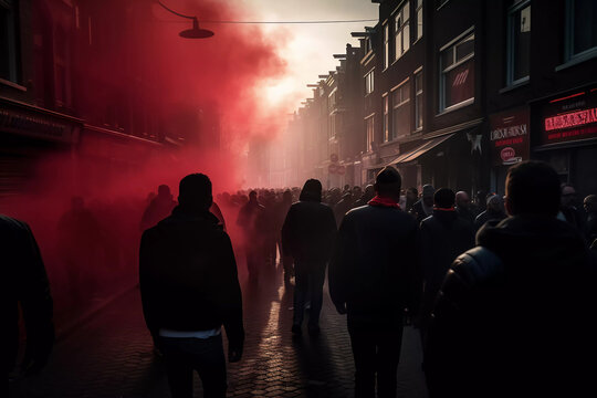 Ultras Hooligans Football Fans Mob masked and black dressed burning some pyrotechnics