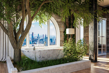 Fototapeta premium loft apartment with arched window in urban downtown; indoor bathtub with tree; travel concept; 3D Illustration
