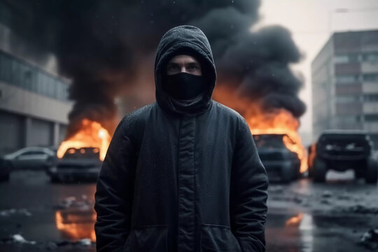 Ultras Hooligan Vandalin front of a riot in the streets. Masked and black dressed