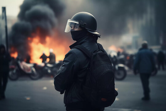 Man in front of a riot with burning tires, press reporter, police, fireworker, photographer