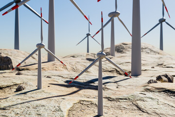 large wind farm with multiple windmills in desert environment; renewable energy and climate change concept; 3D Illustration