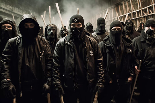 Hooligan Ultras in front of their mob, black dressed and masked, ready to riot