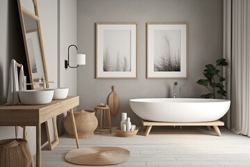 Naklejka na ściany i meble Frame mockup in bathroom room interior. Interior in scandinavian style. 3d rendering, 3d illustration. Generative AI