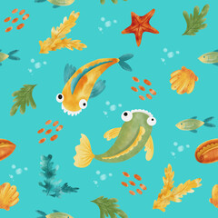 Naklejka na ściany i meble Sea theme pattern with funny fish