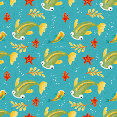 Fototapeta na wymiar Sea theme pattern with fish and corals