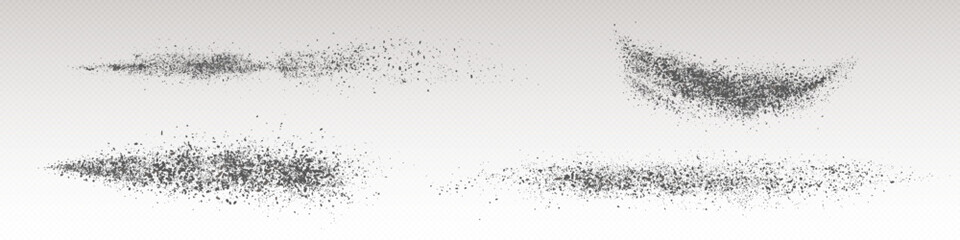 Realistic set of black powder splashes isolated on transparent background. Vector illustration of dust particles, ash, dirt scattered on surface top view. Abstract black paint stroke. Soil texture