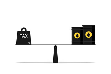Oil tax concept, Oil tank with tax weight on scale, Vector illustration.