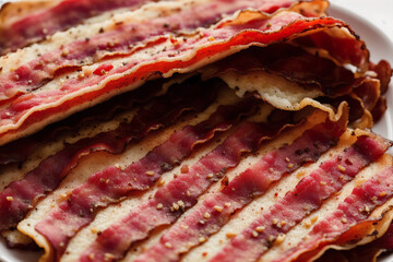 Obraz premium Delicious slices of smoked bacon on a wooden table. Generative AI