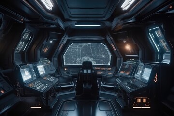 Dark sci-fi spaceship interior with button, monitor and display design. Generative Ai
