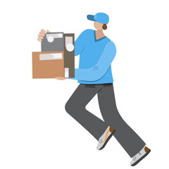 Delivery man in blue uniform carry a package boxes. Flat style. Delivery service