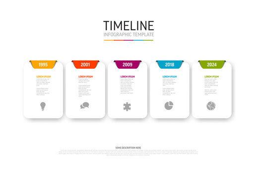Light Timeline template with colorful tabs icons and description on white rounded block cards