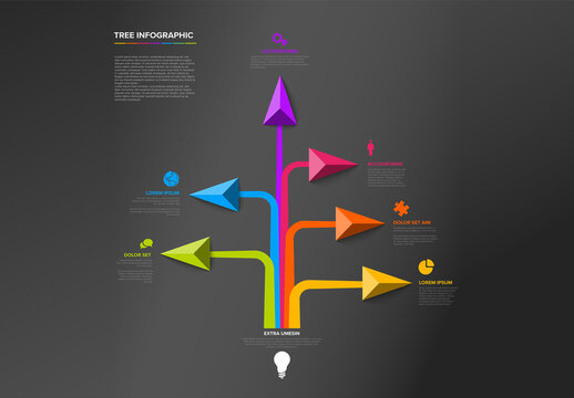 Dark tree infographics template with various diversity options and big arrows