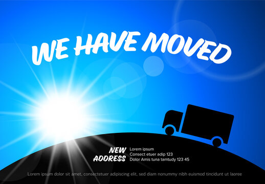We have moved minimalistic blue flyer template with blue sky and car icon