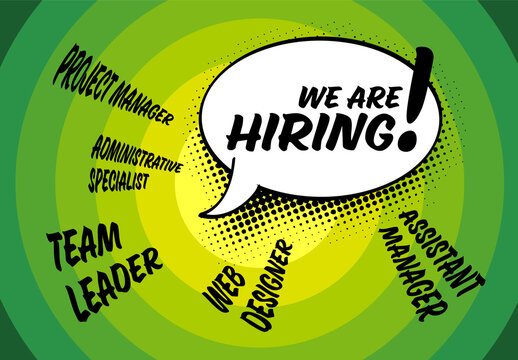 We are hiring minimalistic green flyer comic book style template with position names