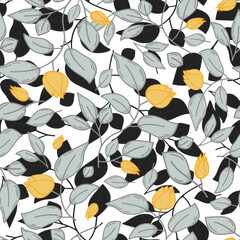 Yellow tulips pattern with mint green leaves and black and white background