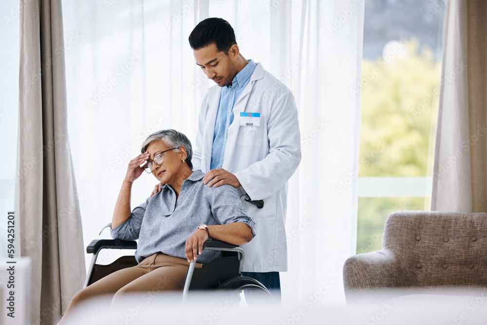 Poster Stress, woman in a wheelchair and doctor talking to patient, recovery and depression. Female person with injury, male employee and medical professional support lady, disability and comfort in office