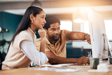 Collaboration, computer and assistance with a business man helping a woman colleague in the office....