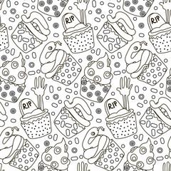 Pattern of linear cupcakes for Halloween. Pastries in the form of muffins with a snake, a mummy, eyes, a magic stove. Cartoon vector. Wrapping paper for Halloween, cover, pattern, fabric. White