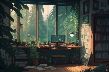 Mellow Indoor Setting Cluttered Workspace Window Panorama of a Woodland Rainforest Anime Manga Aesthetic Vibrant Relaxational Study Nook Comfy Tranquil Ambiance Lo-fi Beats and Ambient Lighting - obrazy, fototapety, plakaty