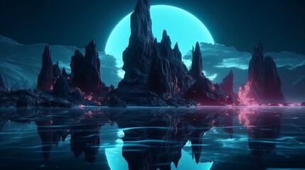 Abstract futuristic background. Neon crest sign, moon symbol glowing in the dark night, extraterrestrial landscape. Rocks and water reflection. Generative AI.