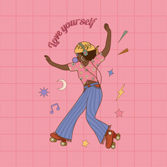 Retro groovy typography slogan quote - love yourself print with dancing black African American girl woman on chessboard background. Trendy 60s 70s lettering for card, poster, t-shirt vector