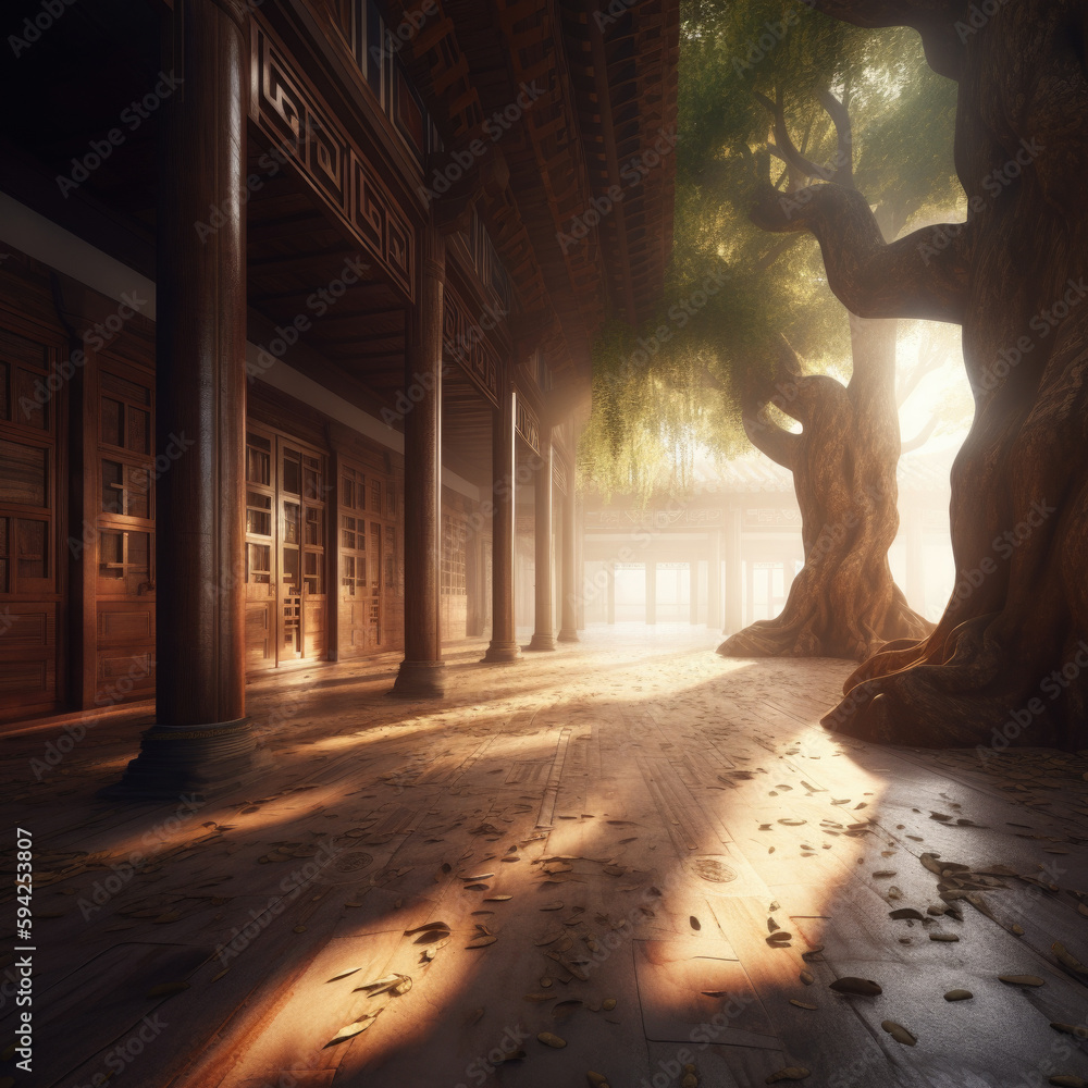 Poster hallway with a tree in the sunlight. generative ai
