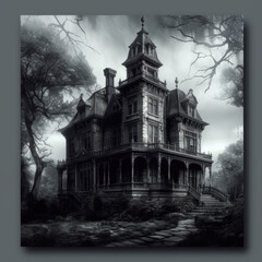 Obraz premium Black and white painting of a victorian house. Generative AI