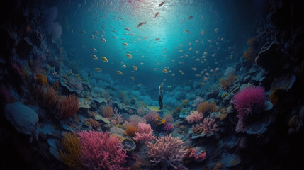 Fototapeta na wymiar Underwater scene with colorful corals and fish. Generative AI