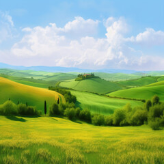 Painting of a green field in tuscany. Generative AI