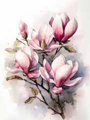 Watercolor painting of pink magnolia flowers. Generative AI