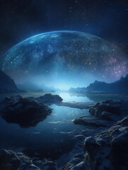 Image of a planet in space with rocks and water. Generative AI