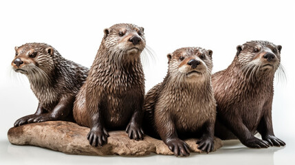 Four otter statues sitting on a rock. Generative AI